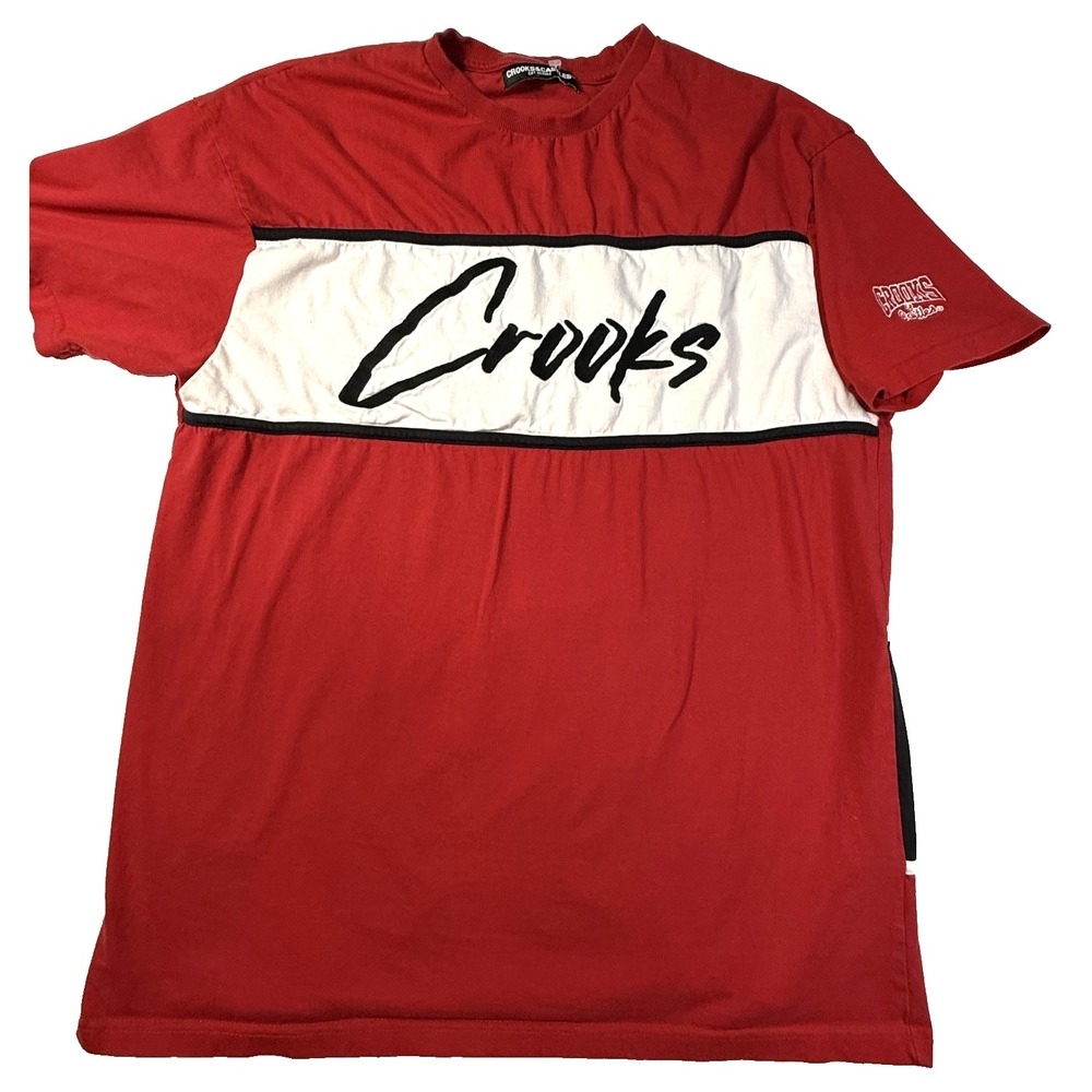 Crooks & Castles Y2K TShirt Men L Red Embroidered Logo Streetwear Hip Hop